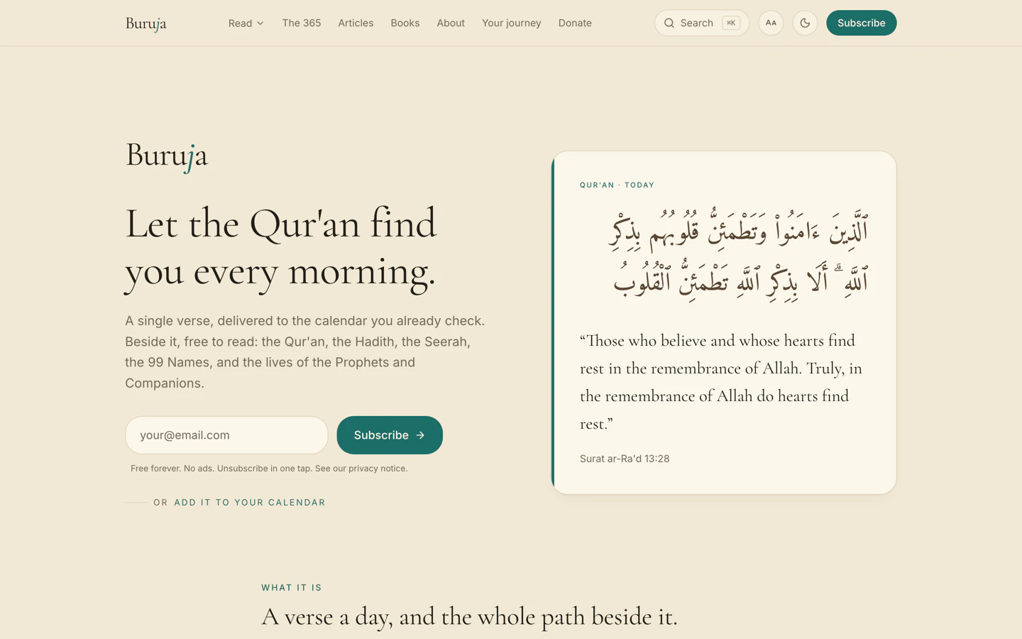 Burujas startsida: rubriken lyder Let the Qur'an find you every morning, bredvid ett kort som visar dagens vers på arabiska med engelsk översättning och referens.